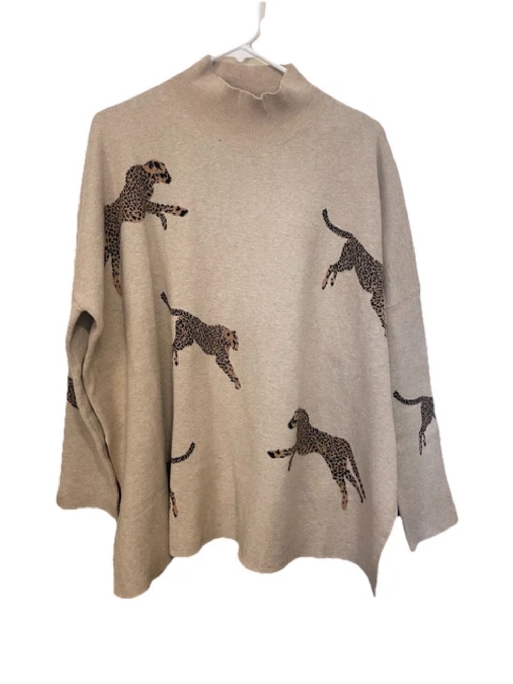 Entro Beige Leopard Print Mock Neck Sweater Viscose Soft Cozy Neutral